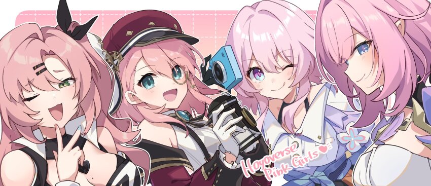 4girls ;) ;3 ;d ;q bare_shoulders black_gloves blue_eyes blue_nails bra_strap breasts brooch newsboy_cap camera charlotte_(genshin_impact) cleavage color_connection commentary_request company_connection elysia_(honkai_impact) elysia_(miss_pink_elf)_(honkai_impact) genshin_impact gloves green_eyes hair_color_connection hand_up hat highres holding holding_camera honkai:_star_rail honkai_(series) honkai_impact_3rd jewelry large_breasts long_hair long_sleeves looking_at_viewer march_7th_(honkai:_star_rail) march_7th_(preservation)_(honkai:_star_rail) mihoyo monocle multiple_girls nail_polish nicole_demara one_eye_closed open_mouth pink_hair pink_nails pointy_ears red_hat shirase_(shirose) shirt smile strapless strapless_shirt suspenders tongue tongue_out upper_body w white_gloves zenless_zone_zero