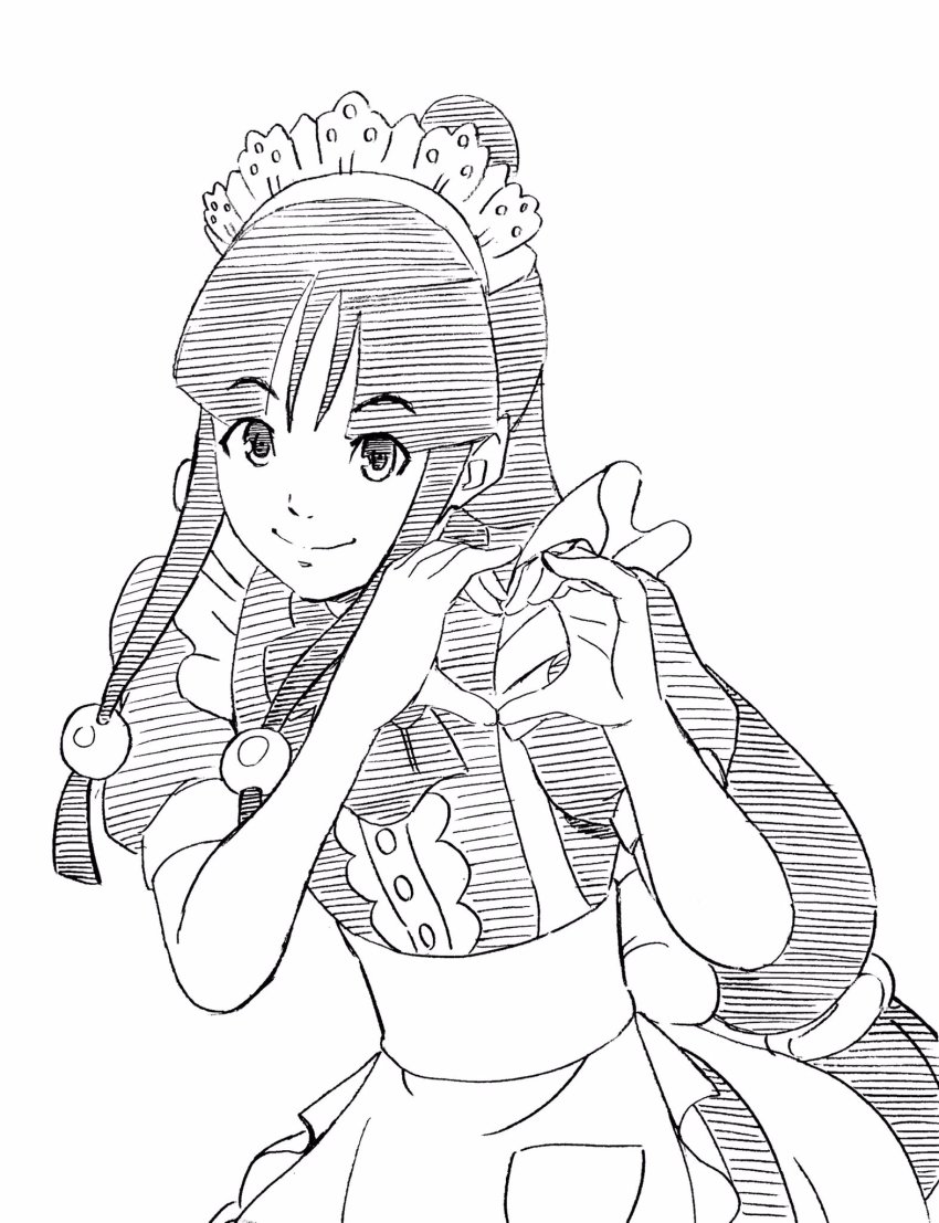 1girl ace_attorney alternate_costume apron capcom enmaided eyes_visible_through_hair female_focus frilled_apron frills graphite_(medium) greyscale hatching_(texture) heart heart_hands highres lee_(dragon_garou) long_hair maid maid_headdress maya_fey monochrome sidelocks smile solo traditional_media upper_body very_long_hair waist_apron