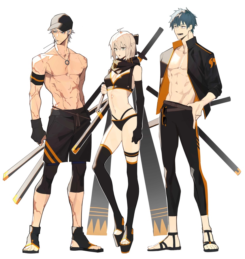 1girl 2boys absurdres ahoge armband baseball_cap bikini black_armband black_bikini black_gloves black_hat black_jacket black_pants black_ribbon black_scarf black_thighhighs blonde_hair blue_eyes blue_hair boots brown_eyes clenched_hand elbow_gloves eyewear_hang fate/grand_order fate_(series) full_body gloves grey_eyes grey_hair hair_between_eyes hair_ribbon hand_on_own_hip haruakira hat highres jacket jewelry katana male_swimwear mouth_hold multiple_boys nagakura_shinpachi_(fate) navel necklace okita_j._souji_(fate) okita_j._souji_(first_ascension)_(fate) okita_souji_(fate) open_mouth pants pectorals platform_boots platform_footwear ribbon saitou_hajime_(fate) sandals scar scar_on_arm scar_on_chest scar_on_leg scar_on_stomach scarf short_hair simple_background stalk_in_mouth standing swim_trunks swimsuit sword teeth thigh_boots thigh_strap thighhighs toeless_footwear toned toned_male topless_male unworn_eyewear weapon white_background