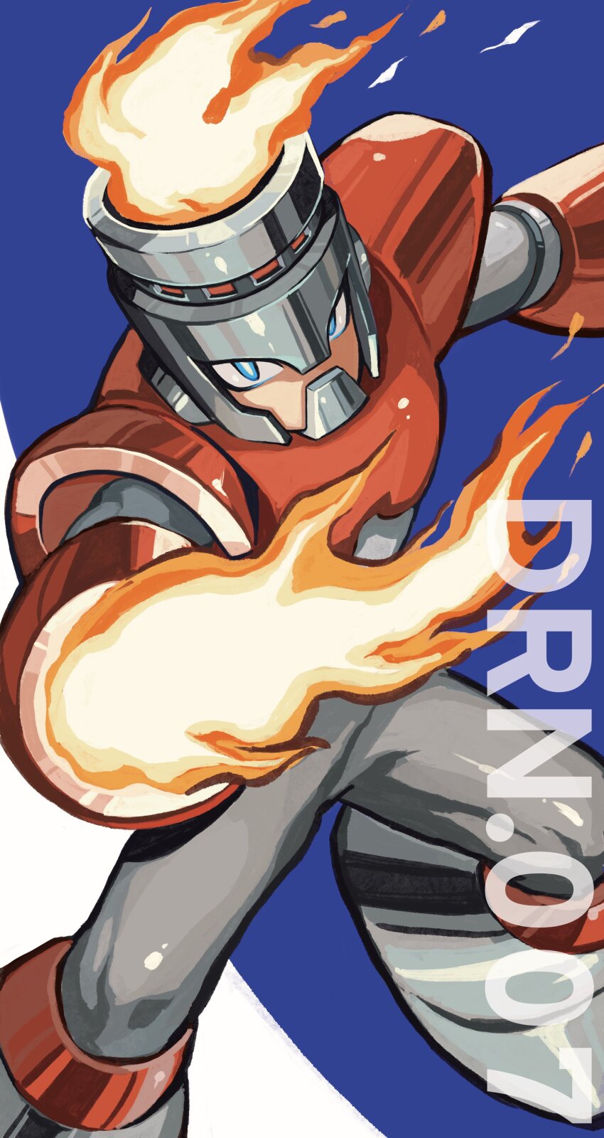 1boy absurdres android arm_cannon blue_eyes commentary covered_mouth english_commentary fire fire_man helmet highres male_focus mega_man_(classic) mega_man_(series) mega_man_1 rorobo_15 solo weapon