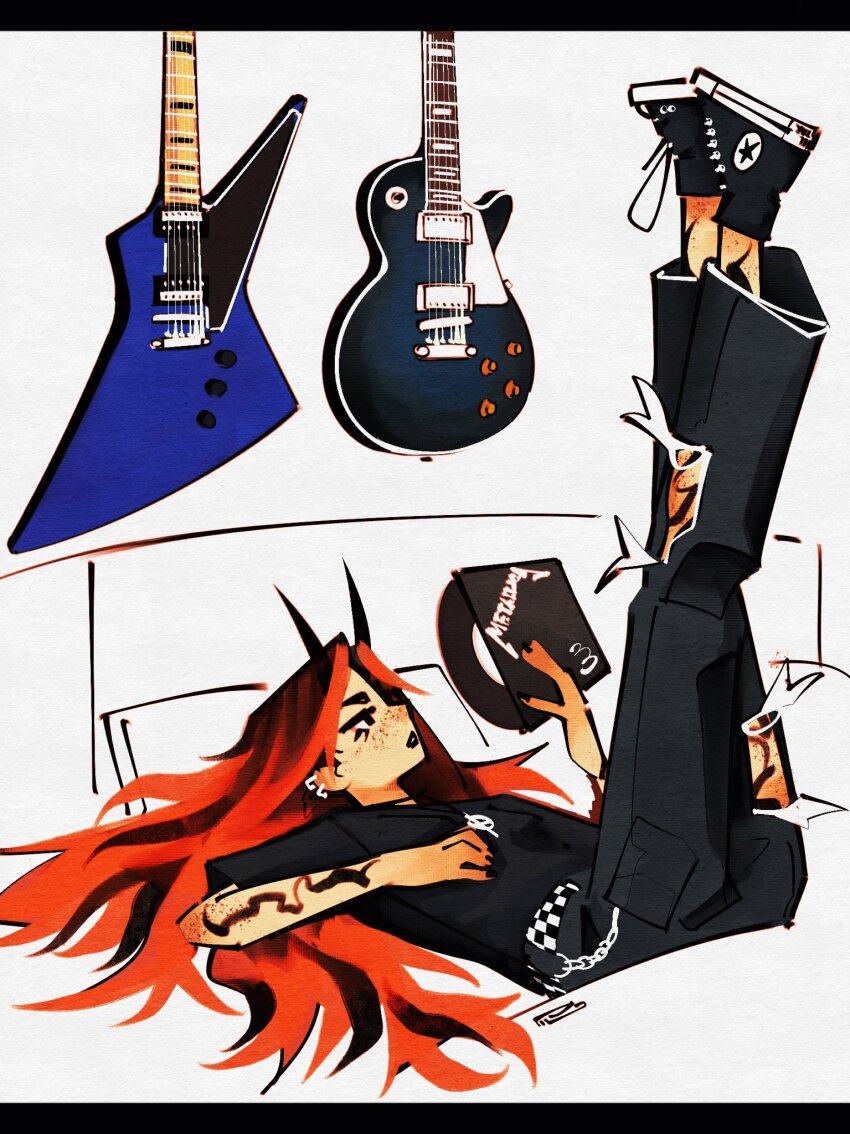 1girl arm_tattoo audrey_(mrpilo28) black_eyes black_hair black_horns black_lips black_nails black_pants black_shirt chain commentary converse crackers_in_bed_cover_redraw_(meme) ear_piercing electric_guitar english_commentary freckles full_body gibson_explorer gibson_les_paul goth_fashion guitar highres horns instrument leg_tattoo legs_up letterboxed long_hair lying meme metallica mrpilo28 on_back on_bed oni original pants piercing record_jacket red_hair shirt shoes short_sleeves solo t-shirt tattoo torn_clothes torn_pants vinyl_record white_background