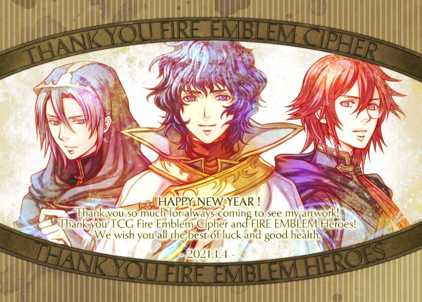 3boys copyright_name dated english_text etzel_(fire_emblem) fire_emblem fire_emblem:_radiant_dawn fire_emblem:_shadow_dragon fire_emblem:_the_sacred_stones fire_emblem_cipher fire_emblem_heroes happy_new_year hood knoll_(fire_emblem) long_hair looking_at_viewer male_focus monocle multiple_boys new_year nintendo pelleas_(fire_emblem) ponytail purple_hair red_hair takaya_tomohide