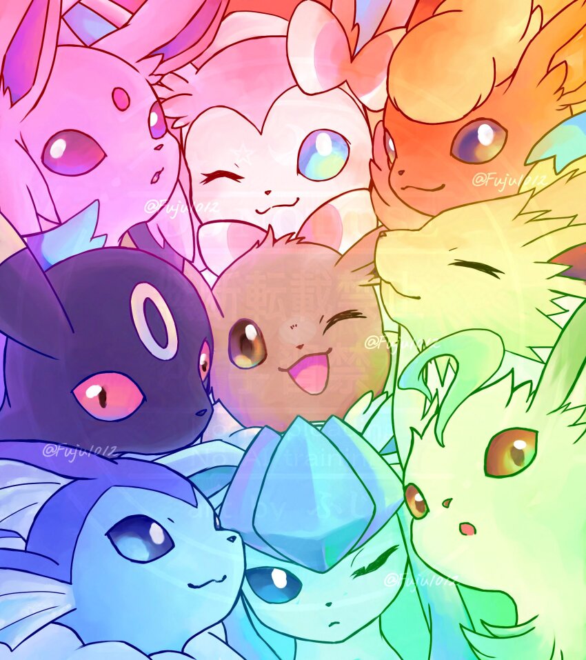 animal_focus black_eyes blue_eyes brown_eyes closed_eyes closed_mouth colored_sclera commentary_request eevee espeon flareon fuju1012 gen_1_pokemon gen_2_pokemon gen_4_pokemon gen_6_pokemon glaceon highres jolteon leafeon nintendo no_humans one_eye_closed open_mouth pokemon pokemon_(creature) purple_eyes red_sclera smile sylveon umbreon vaporeon