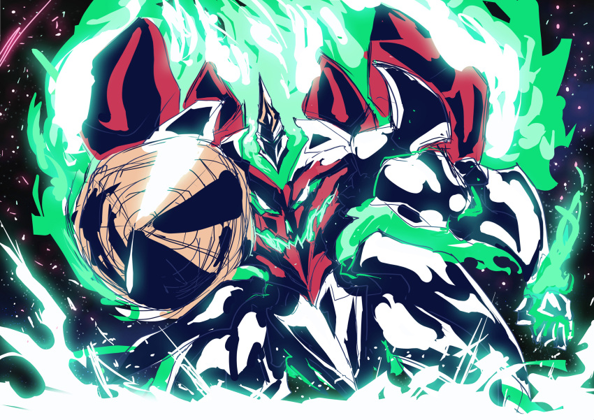 armor aura bloom crossover disembodied_head drill drill_hand energy evil_grin evil_smile extra_eyes extra_faces facing_viewer fire fusion getter_emperor getter_rays getter_robo glowing green_eyes green_fire green_light grin highres lectermurasaki light_particles mecha multicolored_armor portrait red_armor robot sharp_teeth shin_getter_robo sketch smile space spiral_power super_robot teeth tengen_toppa_gurren-lagann_(mecha) tengen_toppa_gurren_lagann white_armor
