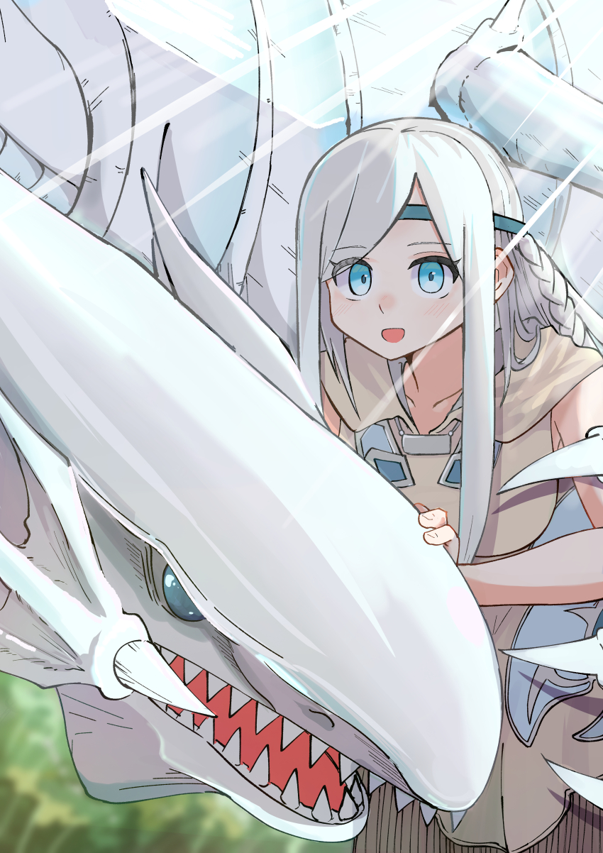 1girl absurdres bare_shoulders blue-eyes_white_dragon blue_eyes collarbone dragon dress duel_monster grey_dress highres maiden_with_eyes_of_blue sharp_teeth sonohino7 teeth white_hair yu-gi-oh!
