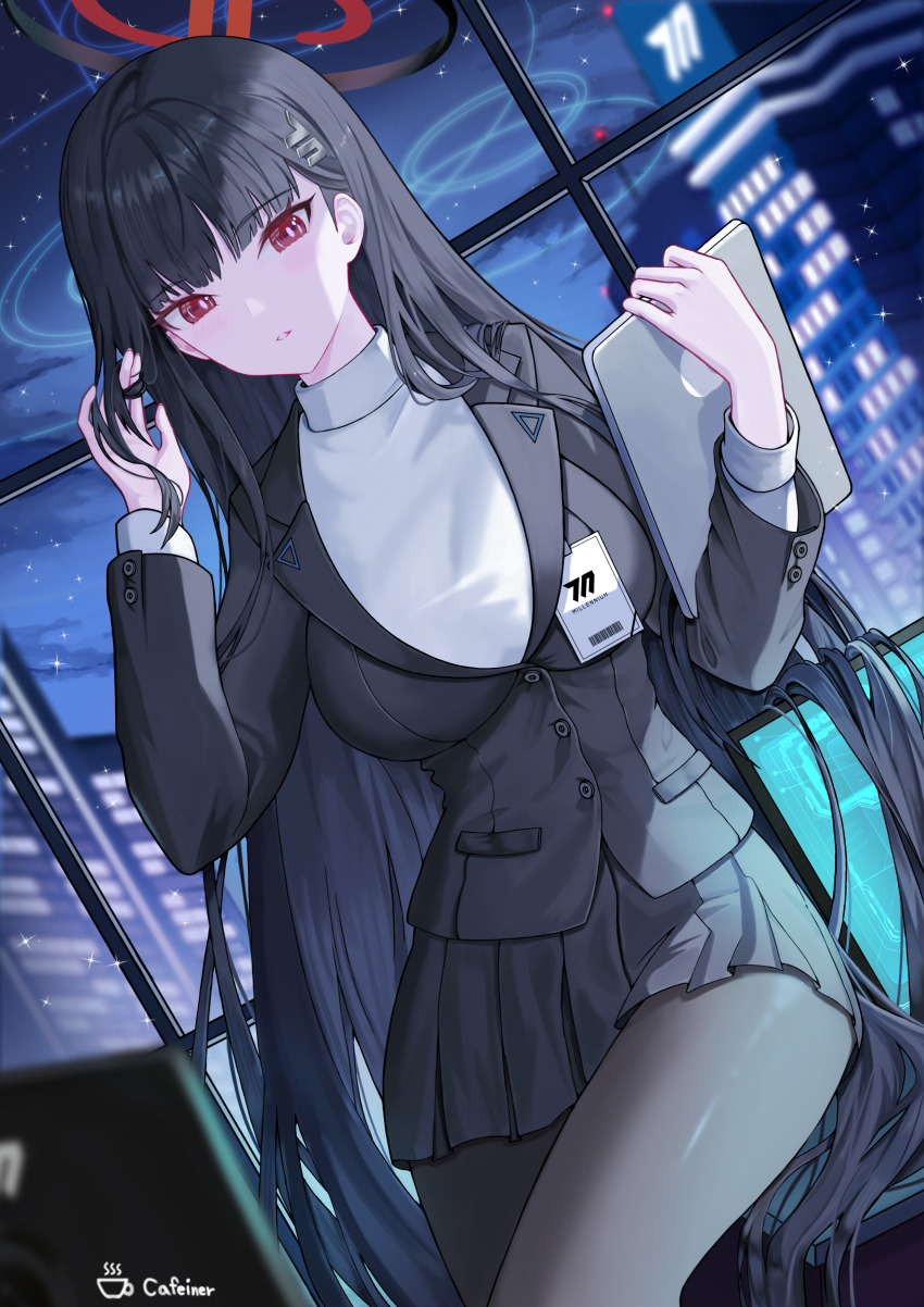 1girl absurdres black_hair black_pantyhose blazer blue_archive blunt_bangs breasts cafeiner dutch_angle halo highres jacket long_hair looking_at_viewer medium_breasts pantyhose parted_lips pleated_skirt red_eyes rio_(blue_archive) skirt solo sweater tablet_pc turtleneck turtleneck_sweater very_long_hair