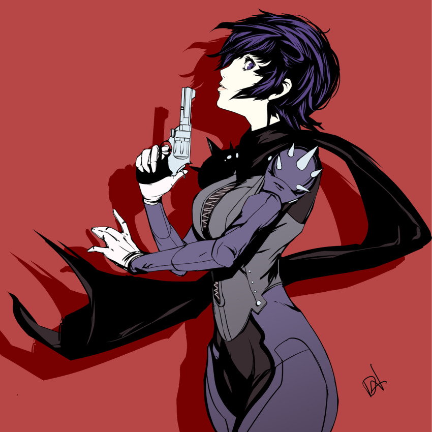 1girl alternate_costume biker_clothes blue_eyes blue_hair bodysuit breasts commentary_request cosplay dh_(brink_of_memories) female_focus gloves gun handgun highres looking_at_viewer niijima_makoto niijima_makoto_(cosplay) persona persona_4 persona_5 pistol red_background scarf shadow shirogane_naoto short_hair shoulder_spikes signature simple_background soejima_shigenori_(style) solo spikes weapon white_gloves