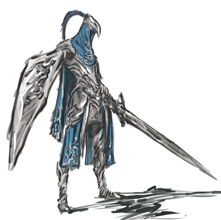 1boy armor artorias_the_abysswalker dark_souls_(series) dark_souls_i full_armor highres holding holding_shield holding_sword holding_weapon male_focus nameo_(judgemasterkou) shield simple_background solo sword weapon white_background