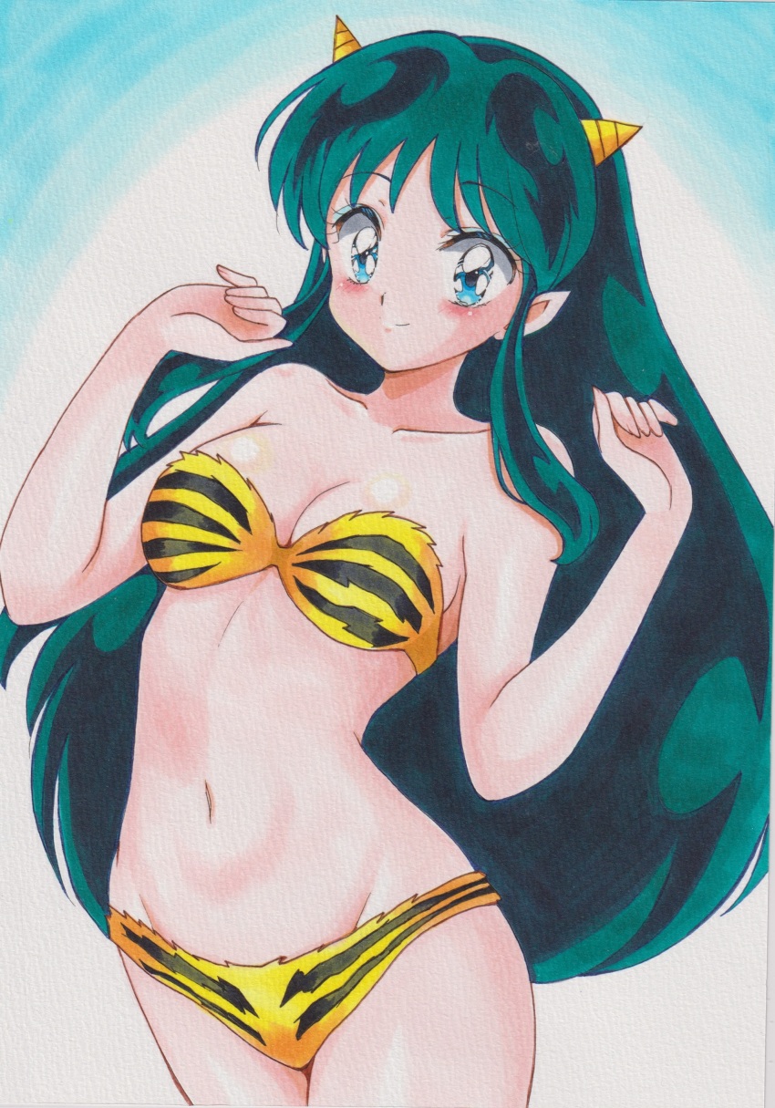 1girl absurdres alien animal_print aqua_hair bare_arms bare_legs bare_shoulders bikini blue_background blue_eyeliner blue_eyes blush breasts chikoto_(kztc4472) cleavage closed_mouth collarbone commentary cone_horns cowboy_shot curled_fingers eyeliner fur_bikini gradient_background groin hands_up highres horns legs_together long_hair looking_at_viewer lum makeup medium_breasts navel oni pointy_ears print_bikini smile solo split_mouth standing stomach strapless strapless_bikini swept_bangs swimsuit tiger_panties tiger_print traditional_media two-tone_background urusei_yatsura white_background yellow_bikini yellow_horns