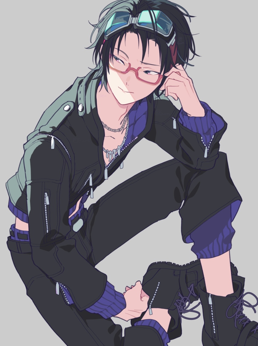 1boy black_hair glasses gnosia goggles green_hair gum_(gmng) highres jacket jewelry long_sleeves looking_at_viewer male_focus necklace pants sha-ming shirt shoes short_hair simple_background smile solo zipper
