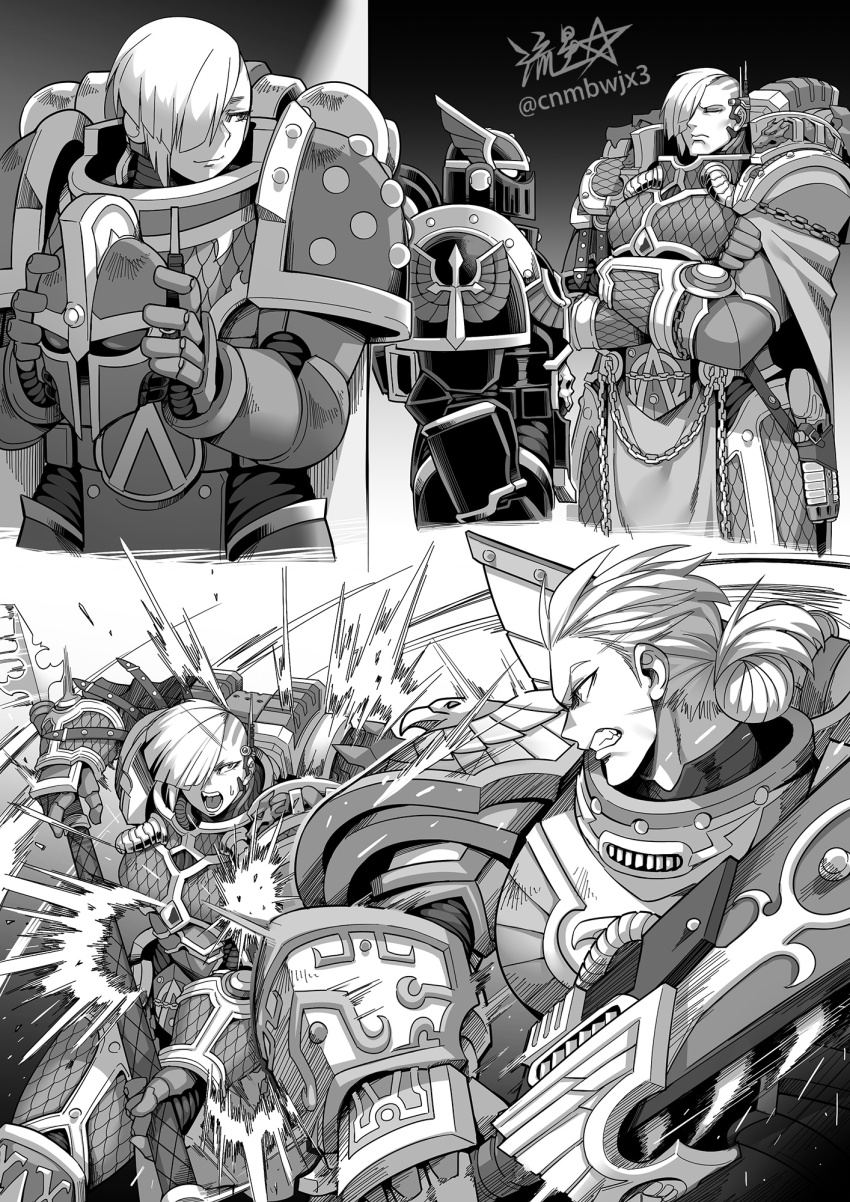 adeptus_astartes alpha_legion alpharius alpharius_omegon armor bird blood blood_on_face blood_splatter breastplate breasts cape chain closed_mouth dark_angels eagle full_armor gauntlets genderswap genderswap_(mtf) greaves greyscale grin highres holding holding_sword holding_weapon imperial_fists monochrome multiple_girls multiple_views omegon pauldrons plasma_pistol polearm power_armor primarch rogal_dorn ryuusei_(mark_ii) short_hair shoulder_armor signature simple_background smile spear standing storm&#039;s_teeth sword undercut warhammer_40k weapon white_hair