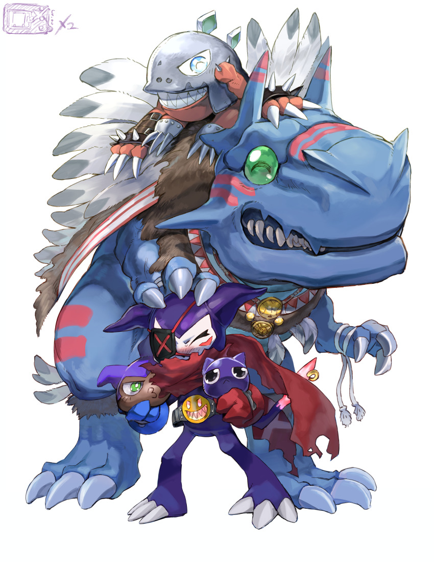absurdres allomon belt black_eyes closed_eyes digimon digimon_(creature) digimon_(virtual_pet) dinosaur evolutionary_line eyepatch green_eyes highres impmon impmon_x-antibody keemon mametyramon tyrannosaurus_rex virtual_pet_(toy) yarmon