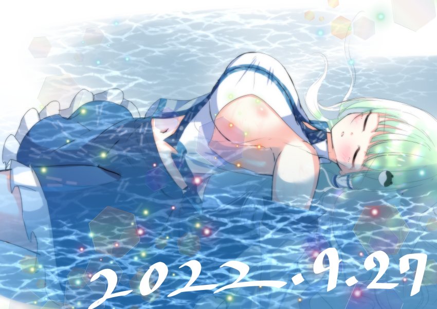 1girl absurdres blue_skirt breasts closed_eyes closed_mouth dated detached_sleeves frilled_skirt frills frog_hair_ornament green_hair hair_ornament hair_tubes highres huge_breasts kochiya_sanae long_hair navel partially_submerged shirt sideboob skirt solo tomo_(uguisu-tei) touhou white_shirt wide_sleeves