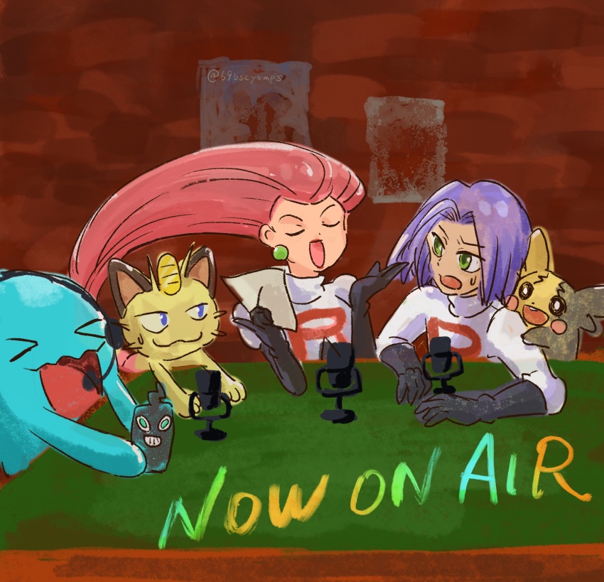 1boy 1girl blue_eyes blue_hair closed_eyes feubleu gen_1_pokemon gen_2_pokemon gen_4_pokemon gen_8_pokemon green_eyes highres james_(pokemon) jessie_(pokemon) meowth microphone morpeko nintendo open_mouth pokemon pokemon_(anime) pool_table poster_(object) radio red_hair rotom rotom_phone sweatdrop table team_rocket wobbuffet