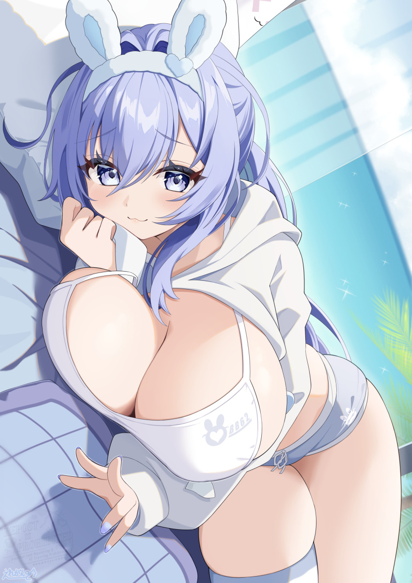 1girl absurdres animal_ears azur_lane bikini blue_eyes blue_hair blue_shorts blush breasts cleavage clothes_lift elegant_(sumisumi4268) fake_animal_ears grey_jacket highres huge_breasts jacket jacket_lift large_breasts long_sleeves looking_at_viewer nail_polish new_jersey_(azur_lane) pillow ponytail print_bikini rabbit_ears short_shorts shorts single_thighhigh smile solo striped_clothes striped_thighhighs swimsuit thighhighs