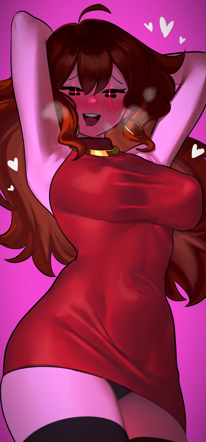 1girl absurdres armpits arms_behind_head arms_up blush breath colored_skin covered_erect_nipples covered_navel cowboy_shot dress drooling earrings friday_night_funkin&#039; girlfriend_(friday_night_funkin&#039;) gradient_background heart highres jewelry mouth_drool nia_(nia4294) open_mouth pink_background pink_skin red_dress smile solo