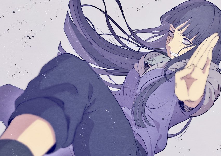 1girl black_hair black_pants blunt_bangs blurry blurry_foreground byakugan cardigan clenched_teeth coat floating_hair grey_background grey_eyes grey_sleeves headband_around_neck highres hime_cut hood hood_down hooded_cardigan hyuuga_hinata jacket konohagakure_symbol lavender_jacket long_hair long_sleeves looking_at_viewer naruto_(series) naruto_shippuuden outstretched_arm pants purple_coat purple_eyes purple_jacket solo suzu_(tg_390) teeth very_long_hair