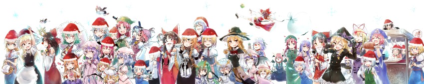 &gt;_&lt; 1boy 6+girls ^^^ absurdres aika_(cookie) alice_margatroid animal_ears ascot azusa_(cookie) basket bat_wings benikurage_(cookie) bird black_hair blonde_hair blood blue_eyes blue_hair blush bow braid brown_hair camera capelet chicken cirno closed_eyes computer cookie_(touhou) crescent cup daiyousei detached_sleeves eska_(cookie) everyone facial_mark fake_beard fake_facial_hair fake_horns fang flandre_scarlet food frog frown fruit genpatsu_(cookie) glasses green_eyes green_hair hair_ornament hair_ribbon hair_tubes hakurei_reimu hat hat_bow heart highres hisui_(cookie) hong_meiling horn_ornament horn_ribbon horns ibuki_suika inaba_tewi inubashiri_momiji izayoi_sakuya kanna_(cookie) kazami_yuuka kirisame_marisa knife koakuma kochiko_(cookie) kochiya_sanae konpaku_youmu konpaku_youmu_(ghost) long_hair long_image long_sleeves mars_(cookie) marutoman_chuui md5_mismatch microphone mochi morichika_rinnosuke msta_(cookie) multiple_girls multiple_persona mystia_lorelei nadeko_(cookie) nosebleed one_eye_closed open_mouth orange_(fruit) orange_eyes orange_hair outstretched_arms paseri_(cookie) patchouli_knowledge pink_hair purple_eyes purple_hair rabbit_ears red_eyes red_hair rei_(cookie) reisen_udongein_inaba reiuji_utsuho remilia_scarlet resized resolution_mismatch reu_(cookie) ribbon rumia saigyouji_yuyuko saliva sananana_(cookie) santa_hat scarf shameimaru_aya short_hair silver_hair simple_background skirt smile snowflakes snowing source_smaller sparkle sponge_(cookie) squid sweat sweatdrop sword taisa_(cookie) tears tissue tissue_box tokin_hat touhou triangular_headpiece umbrella upscaled uzuki_(cookie) wagashi weapon white_background wide_image wings wink witch_hat yagokoro_eirin yakumo_yukari yamin_(cookie) yellow_eyes yin_yang yunomi yuzuyu_(cookie)