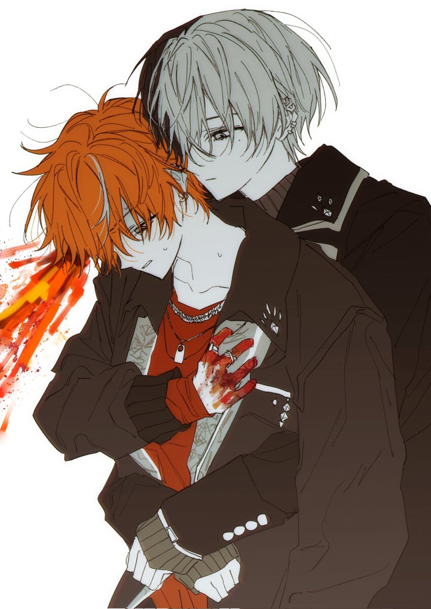 2boys akita_toushirou aoyagi_touya blood blood_on_hands brown_jacket clenched_teeth ear_piercing goguma_wagamja grey_eyes highres jacket jewelry looking_at_another looking_down male_focus mole mole_under_eye multicolored_hair multiple_boys necklace orange_hair pale_skin piercing project_sekai red_shirt ring shirt short_hair split-color_hair streaked_hair teeth upper_body very_short_hair