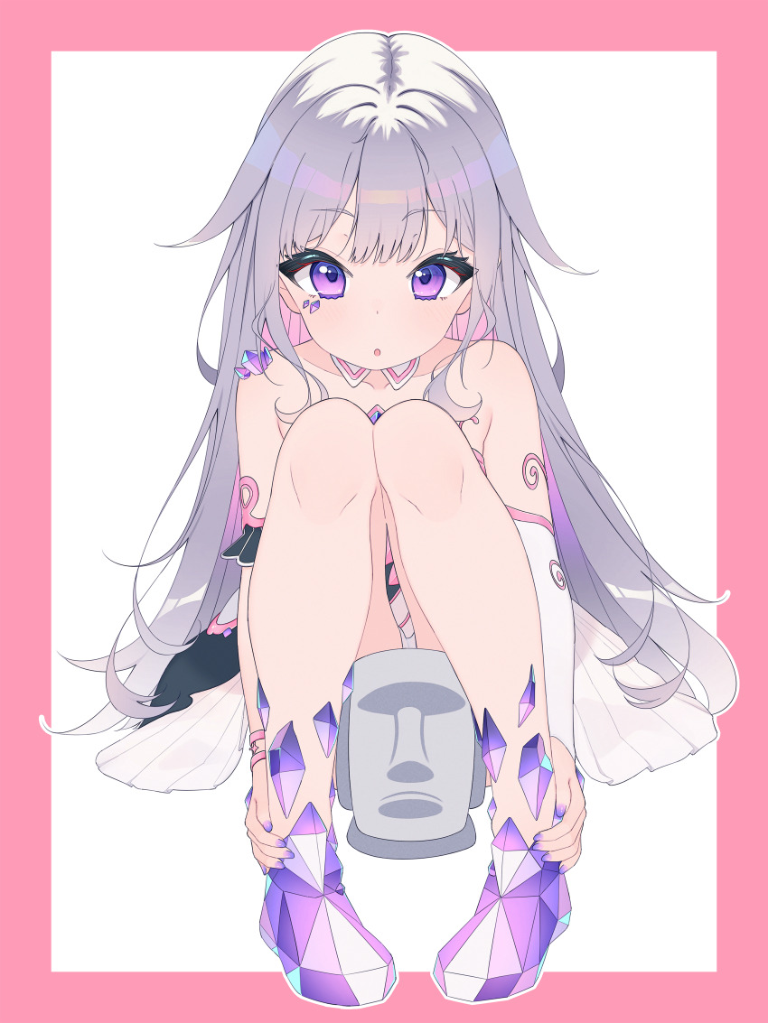 1girl absurdres border detached_collar dress grey_hair hair_flaps highres hololive hololive_english jewel_under_eye koseki_bijou koseki_bijou_(1st_costume) long_hair looking_at_viewer lucasyecla99 moai nail_polish open_mouth purple_eyes shoes sitting very_long_hair virtual_youtuber white_background white_dress