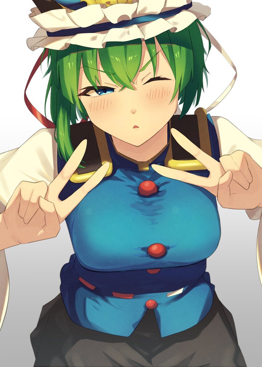 1girl absurdres black_skirt blue_eyes blue_vest blush breasts double_v embarrassed green_hair hair_between_eyes hat highres long_sleeves medium_breasts medium_hair one_eye_closed open_mouth raian_macaroni shirt single_sidelock skirt solo touhou v vest white_background white_shirt