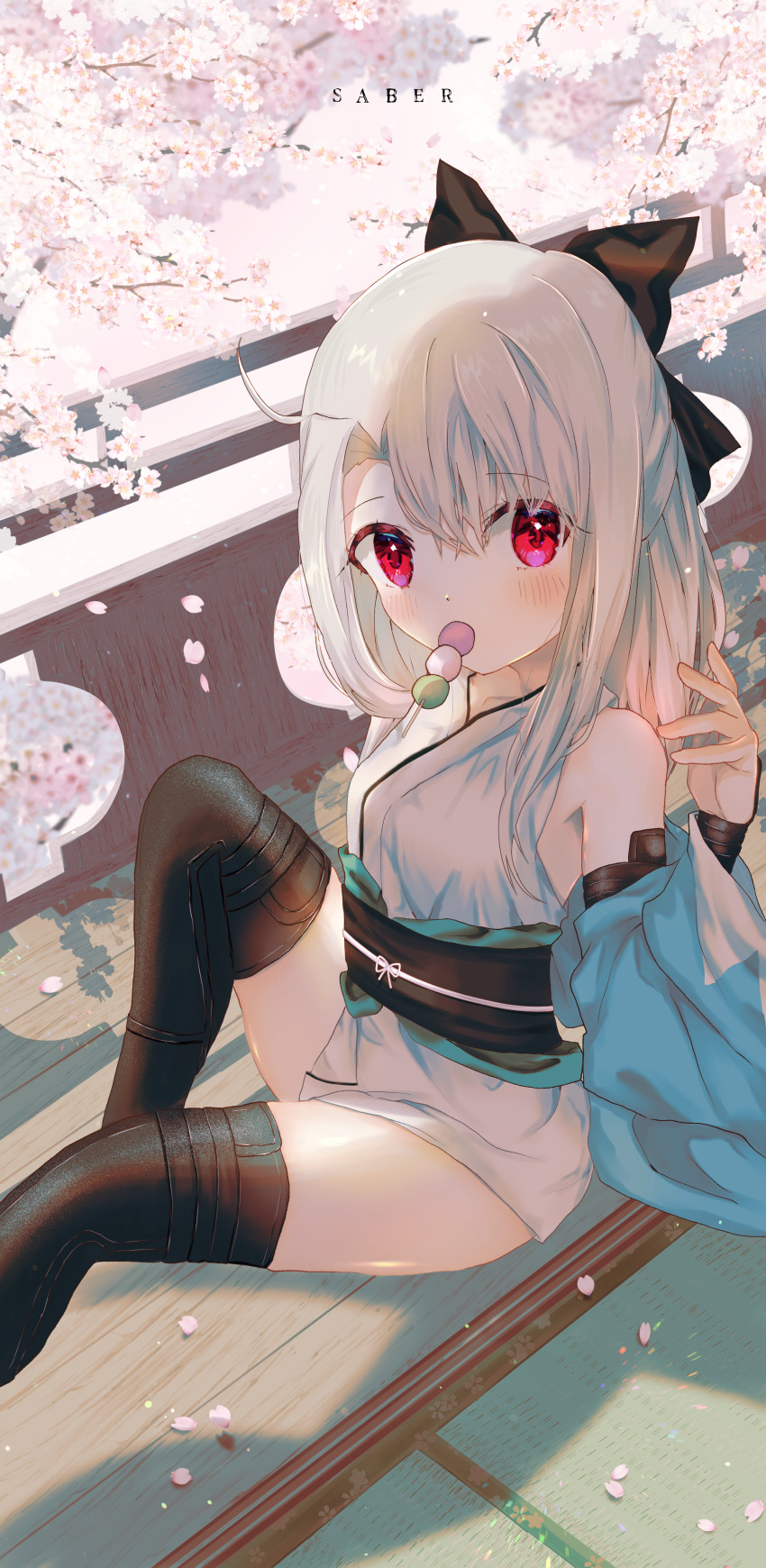 1girl absurdres alternate_costume alternate_hairstyle arm_guards armor black_bow black_thighhighs bow branch cherry_blossoms cosplay dango fate/grand_order fate/kaleid_liner_prisma_illya fate_(series) food hair_bow half_updo haori highres illyasviel_von_einzbern isuzu_(an_icy_cat) japanese_armor japanese_clothes kimono kote kurokote obi okita_souji_(fate) okita_souji_(koha-ace) okita_souji_(koha-ace)_(cosplay) red_eyes sash shinsengumi short_kimono sitting skewer sleeveless sleeveless_kimono solo tatami thighhighs wagashi white_hair white_kimono wooden_floor