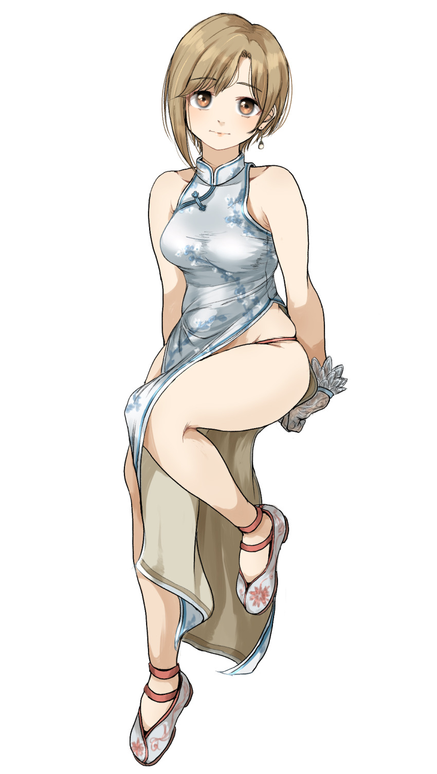 1girl aiba_yumi bare_legs bare_shoulders blonde_hair blush breasts brown_eyes china_dress chinese_clothes closed_mouth collarbone dot_nose dress earrings floral_print full_body gatsby_ssl gloves grey_dress grey_shoes highres idolmaster idolmaster_cinderella_girls idolmaster_cinderella_girls_starlight_stage invisible_chair jewelry knee_up looking_at_viewer medium_breasts pelvic_curtain print_dress see-through_clothes see-through_gloves shoe_print shoes short_hair side_slit simple_background sitting sleeveless sleeveless_dress smile solo thighs white_background