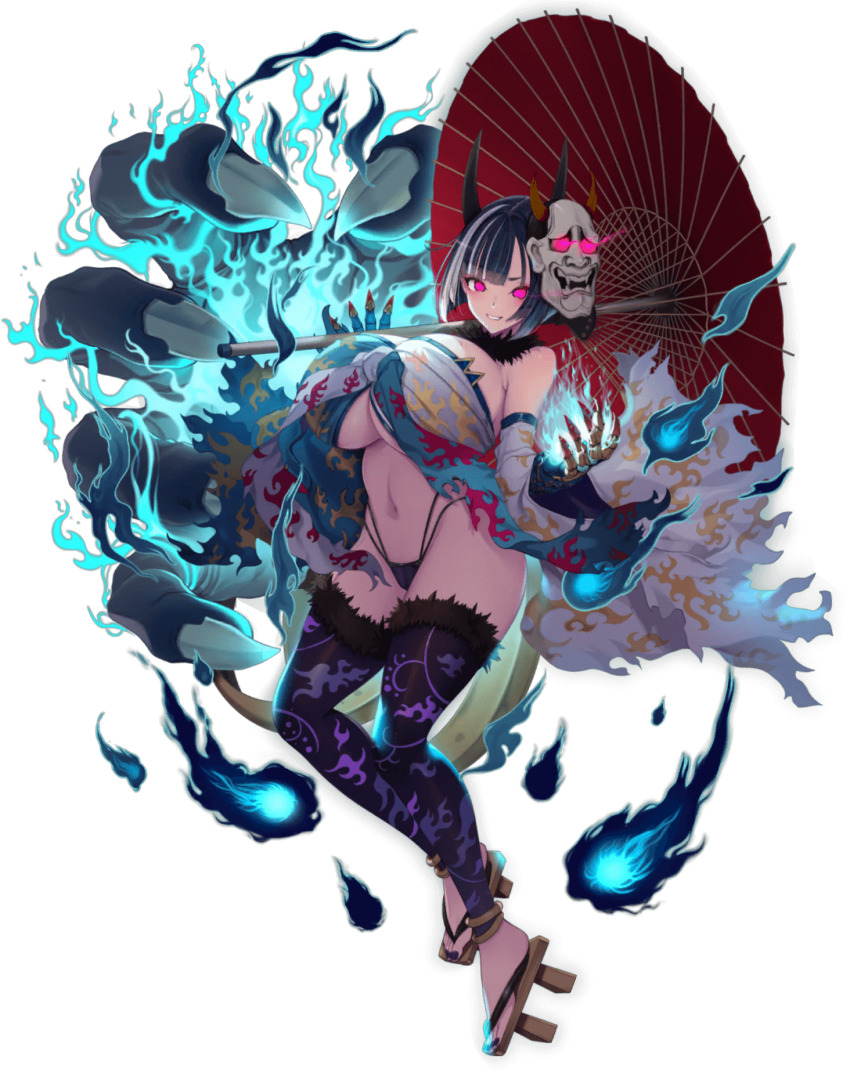 1girl bare_shoulders black_hair blue_flames breasts clawed_gauntlets glowing glowing_eyes highres horns huge_breasts kyonyuu_fantasy kyonyuu_fantasy_burst leggings mask navel official_art oni oni_mask red_eyes reiki_(kyonyuu_fantasy_burst) short_hair