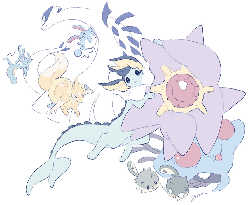 :o animal_focus azumarill blue_eyes bright_pupils commentary_request fish floatzel from_behind full_body gen_1_pokemon gen_2_pokemon gen_4_pokemon holding_hands kingdra legendary_pokemon looking_back lugia nintendo no_humans open_mouth pokemon pokemon_(creature) qwilfish seahorse starmie tentacruel twitter_username vaporeon white_background yellow_eyes yurano_(upao)