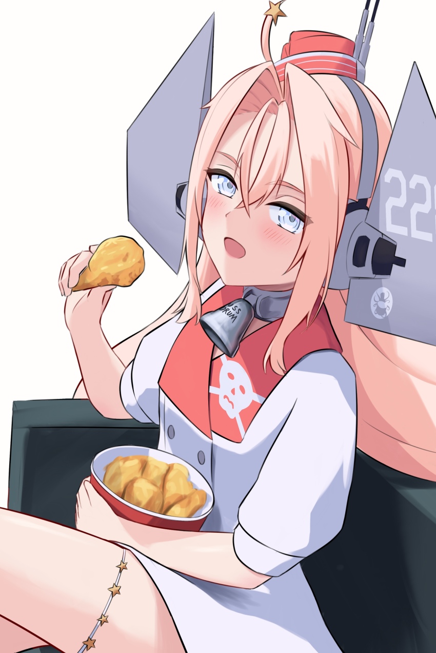 1girl absurdres bell bucket_of_chicken chicken_(food) chicken_leg coat collar couch drum_(kancolle) feet_out_of_frame food fried_chicken grey_eyes hair_ornament hat headgear highres kantai_collection l_meet long_hair metal_collar neck_bell pink_hair red_hat simple_background sitting skull_print solo star_(symbol) star_hair_ornament star_ornament thigh_strap white_background white_coat