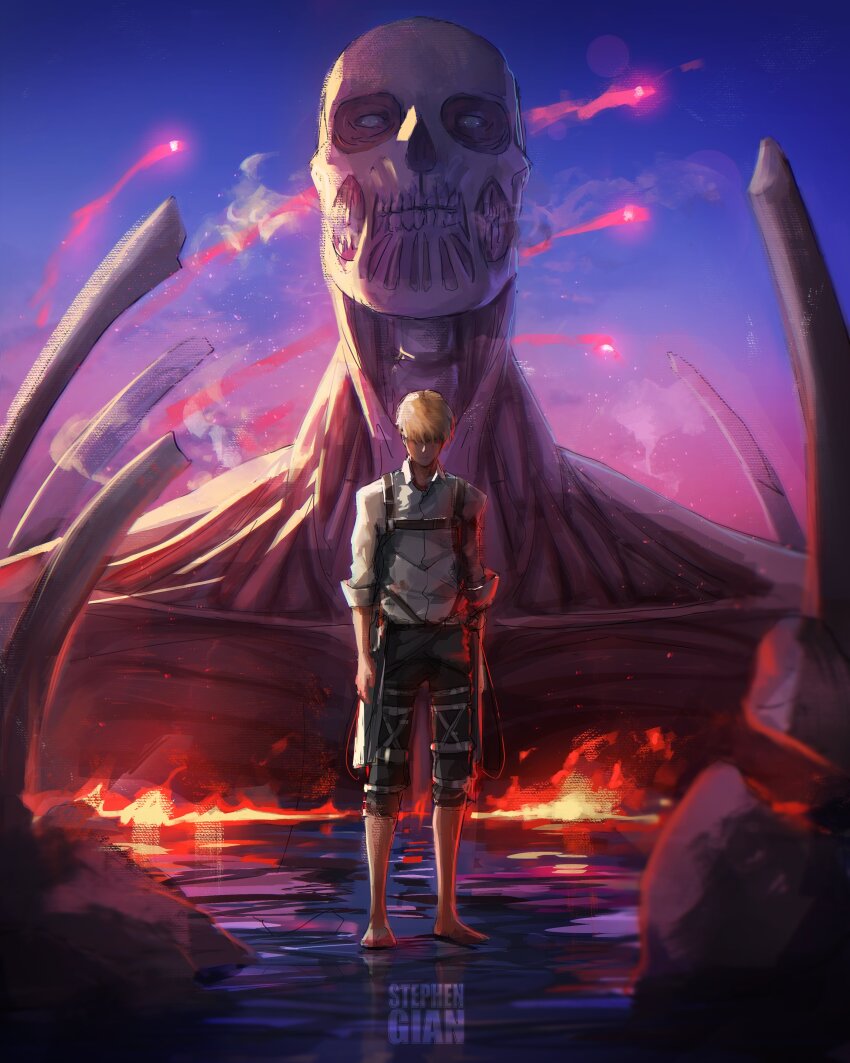 2boys absurdres armin_arlert barefoot blonde_hair burning colossal_titan facing_viewer fire founding_titan full_body giant giant_male hair_over_eyes highres male_focus multiple_boys pants ribs shingeki_no_kyojin short_hair sky smoke_signal standing stephengiannart titan_(shingeki_no_kyojin) torn_clothes torn_pants