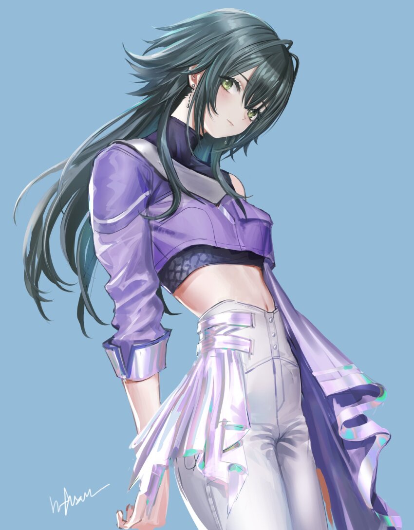1girl blue_background crop_top earrings gakuen_idolmaster green_eyes green_hair highres idolmaster infukun jewelry long_hair long_sleeves looking_at_viewer midriff navel pants signature simple_background solo standing tsukimura_temari white_pants