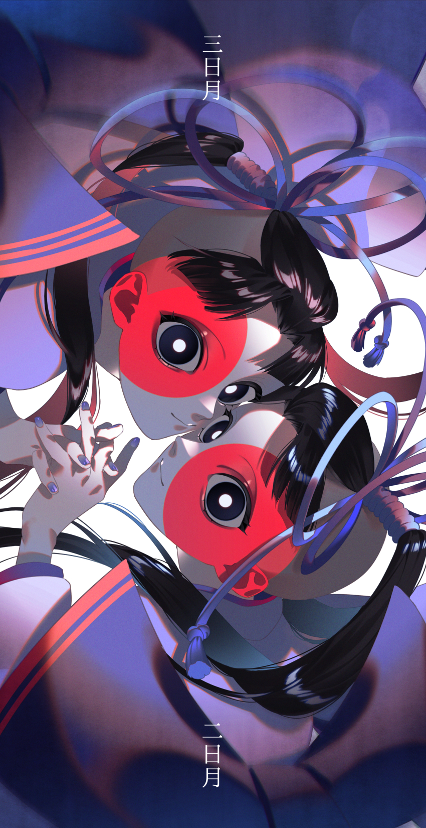 2girls absurdres black_eyes black_hair character_name cheek-to-cheek closed_mouth commentary_request curtained_hair facepaint gekijouban_mononoke hair_tubes heads_together highres holding_hands interlocked_fingers itsuma_su long_hair looking_at_viewer matching_hairstyle matching_outfits mizorogi_futsukazuki mizorogi_mikazuki mononoke motoyui multiple_girls nail_polish ponytail purple_nails siblings single_hair_tube smile translated twins undercut wide-eyed