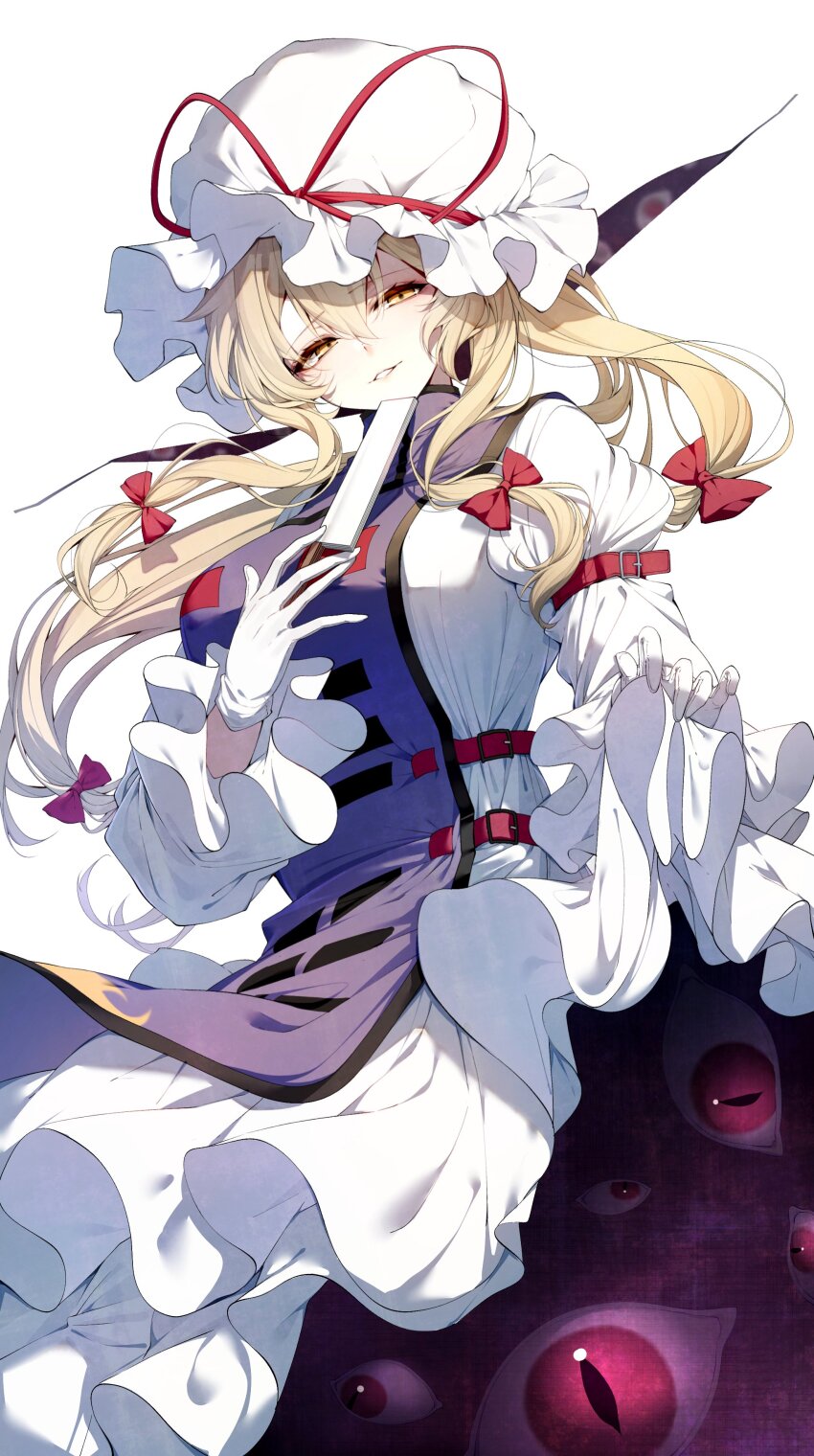 1girl absurdres blonde_hair breasts darjeeling_(reley) dress folded_fan folding_fan frills gap_(touhou) gloves hair_between_eyes hair_ribbon hand_fan hat highres holding holding_fan large_breasts lifting_own_clothes light_smile long_hair long_sleeves looking_at_viewer mob_cap purple_tabard ribbon solo tabard teeth touhou white_background white_dress white_gloves yakumo_yukari yellow_eyes