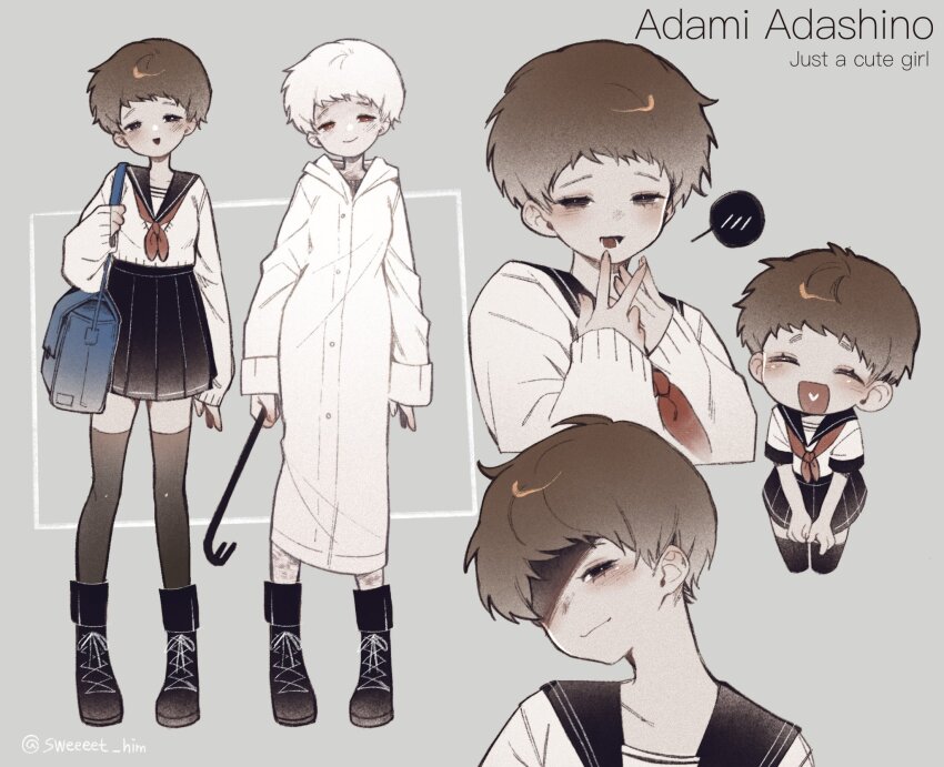 1girl black_eyes boots brown_hair reference_sheet crowbar grey_background heroine_(homicipher) highres holding holding_crowbar homicipher raincoat red_eyes school_uniform serafuku short_hair skirt standing sweeeet_him white_hair