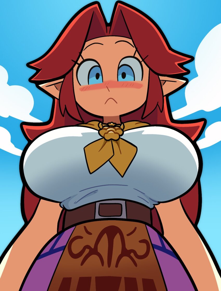 1girl blue_eyes blush breasts cremia female_focus from_below highres large_breasts long_hair looking_at_viewer nintendo pointy_ears pov red_hair scott_falco solo the_legend_of_zelda the_legend_of_zelda:_majora&#039;s_mask