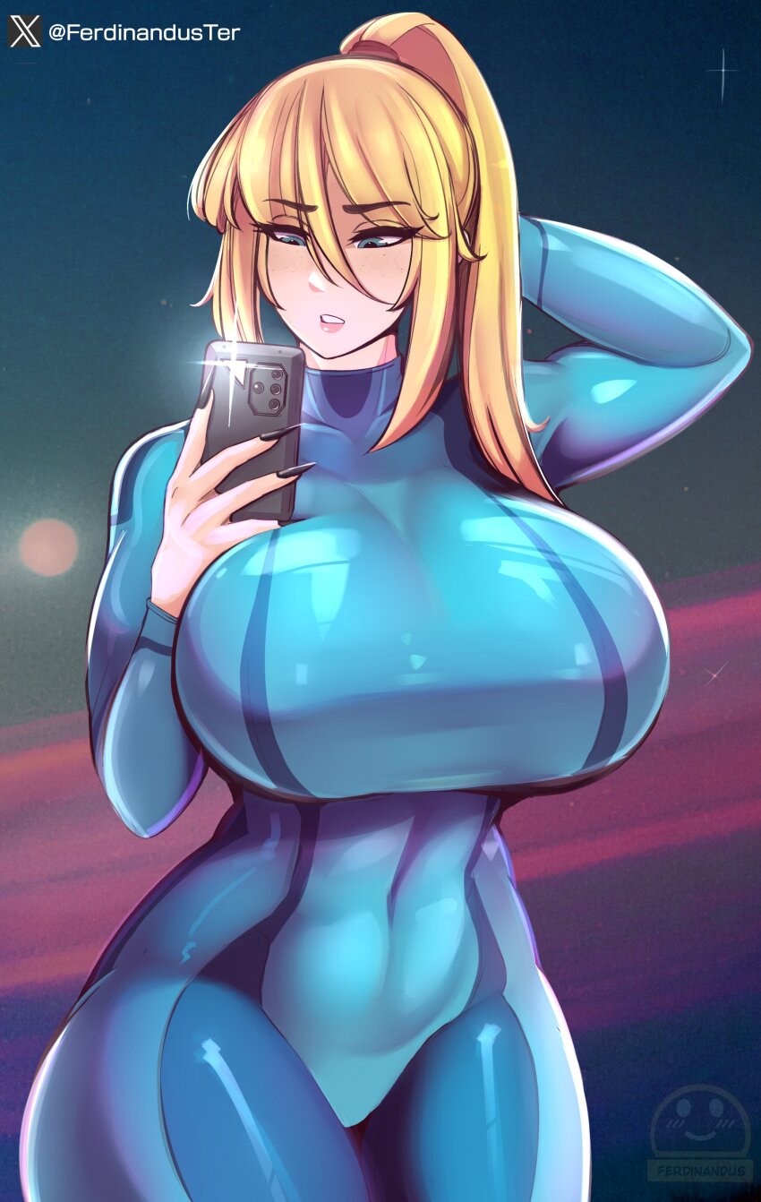 1girl absurdres alternate_breast_size_(larger) arm_behind_head black_nails blonde_hair blue_bodysuit blue_eyes bodysuit cellphone commentary cowboy_shot curvy english_commentary ferdinandusdart fingernails hair_between_eyes high_ponytail highres holding holding_phone long_hair metroid nail_polish nintendo parted_lips phone ponytail samus_aran selfie skin_tight smartphone solo wide_hips zero_suit