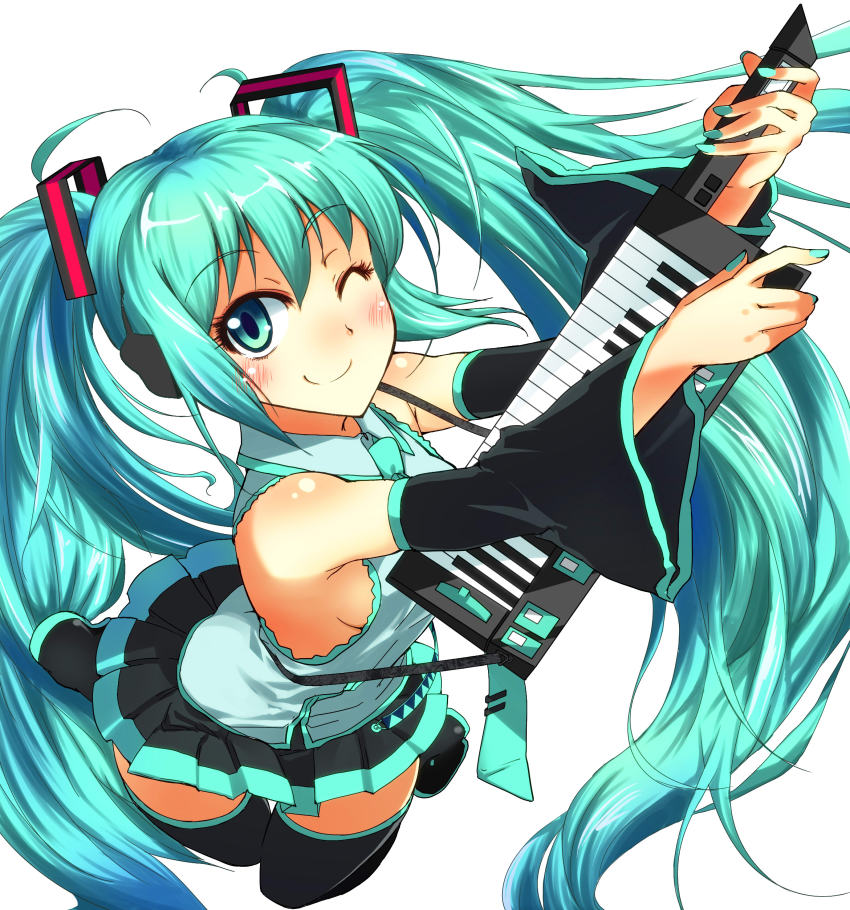 1girl absurdres ahoge aqua_eyes aqua_hair blush breasts female_focus hatsune_miku highres instrument keytar long_hair nail_polish necktie nickq one_eye_closed sideboob skirt small_breasts smile solo thighhighs twintails very_long_hair vocaloid wink zettai_ryouiki