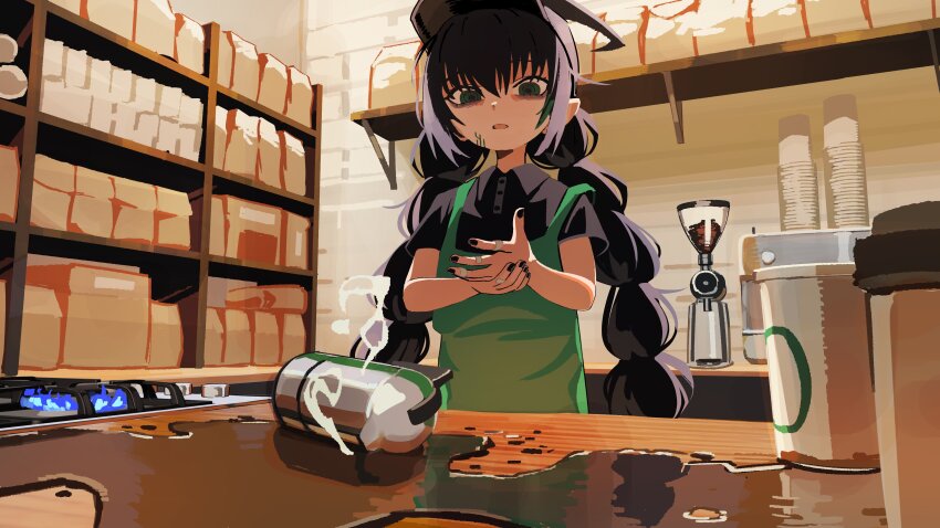 1girl absurdres apron black_hair black_nails black_shirt blue_fire braid coffee_grinder commentary commission cup disposable_coffee_cup disposable_cup elf elfinpsyop employee_uniform english_commentary facial_mark fire green_apron green_eyes highres indie_virtual_youtuber nikugiya pointy_ears second-party_source shelf shirt solo spill stove table twin_braids virtual_youtuber