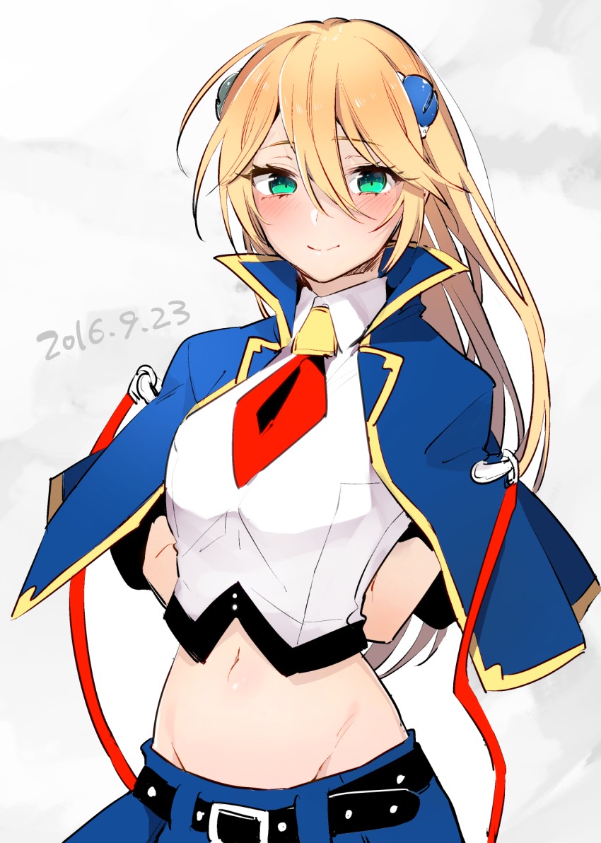 1girl 2016 arms_behind_back belt blazblue blazblue:_central_fiction blonde_hair blue_skirt blush capelet crop_top dated female_focus green_eyes groin hair_between_eyes hair_ornament highres looking_at_viewer midriff navel niimaru noel_vermillion skirt smile solo uniform