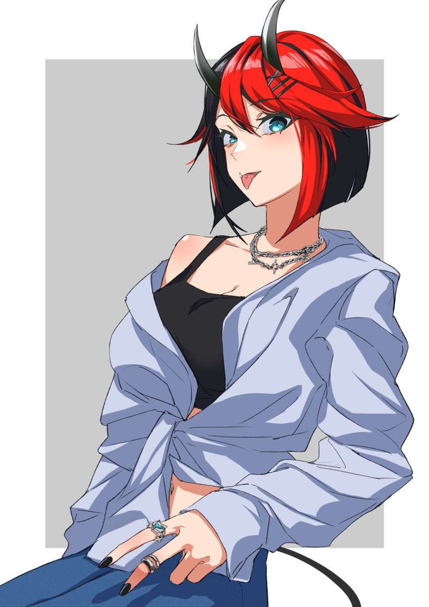 1girl alternate_costume black_hair black_nails black_tank_top blouse blue_eyes blue_skirt blush breasts chain chain_necklace cleavage cowboy_shot crop_top demon_girl demon_horns demon_tail gin_(tttetu123) grey_background grey_shirt hair_between_eyes hair_ornament highres horns jewelry large_breasts long_sleeves looking_at_viewer midriff multicolored_hair nail_polish nanashi_inc. navel navel_piercing necklace off_shoulder piercing red_hair ring ryugasaki_rene shirt short_hair simple_background single_bare_shoulder skirt solo sugar_lyric tail tank_top tongue tongue_out tongue_piercing two-tone_background two-tone_hair virtual_youtuber white_background x_hair_ornament
