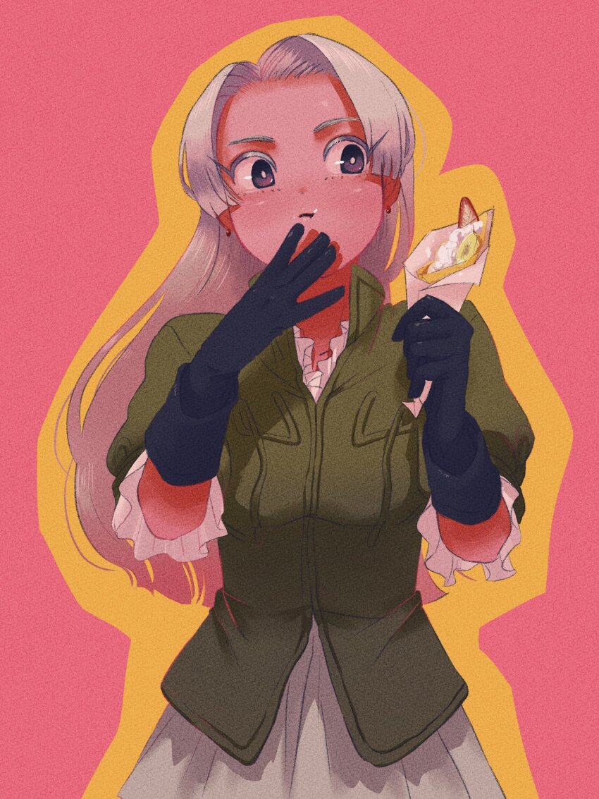 1girl 4.5j black_gloves chris_lightfellow closed_mouth crepe earrings food gensou_suikoden gensou_suikoden_iii gloves highres holding_crepe holding_food jewelry long_hair simple_background skirt solo white_hair white_skirt