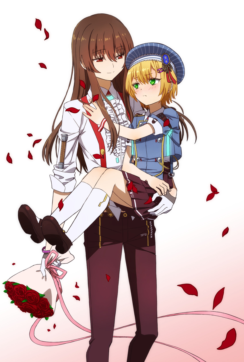 2girls black_hair blonde_hair brown_hair carrying carrying_person green_eyes hat heaven_burns_red highres long_hair maruyama_kanata multiple_girls oiun princess_carry red_eyes shirt short_hair sidelocks skirt white_shirt yanagi_mion yuri