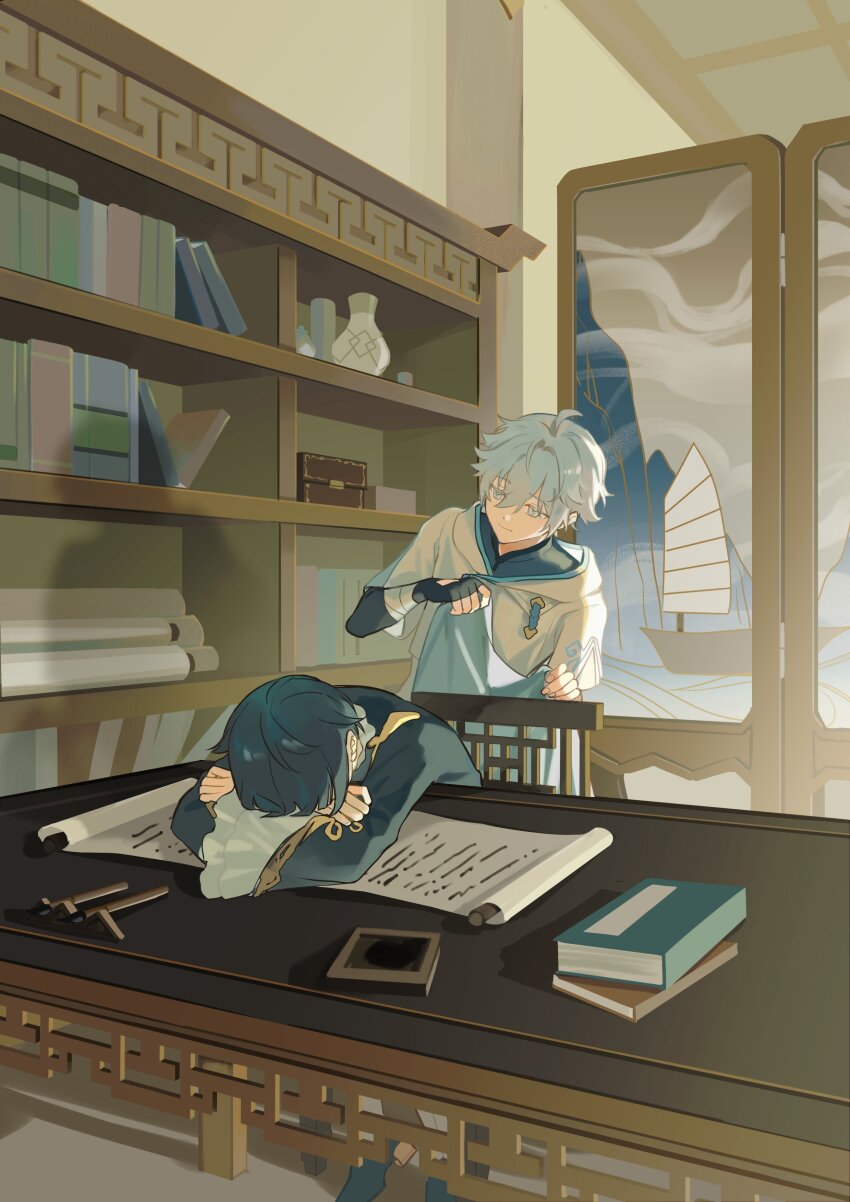 2boys absurdres ahoge bandaged_arm bandages black_gloves blanket blue_eyes blue_hair blue_jacket book bookshelf calligraphy_brush chair chongyun_(genshin_impact) closed_mouth commentary elbow_gloves english_commentary fingerless_gloves folding_screen frilled_sleeves frills genshin_impact gloves hair_between_eyes highres holding holding_blanket hood hood_down hoodie horns indoors jacket long_sleeves male_focus multiple_boys on_chair paintbrush saru_youichi scroll shadow short_hair short_sleeves single_horn sleeping smile table vase white_hoodie wide_sleeves wooden_chair wooden_table xingqiu_(genshin_impact)