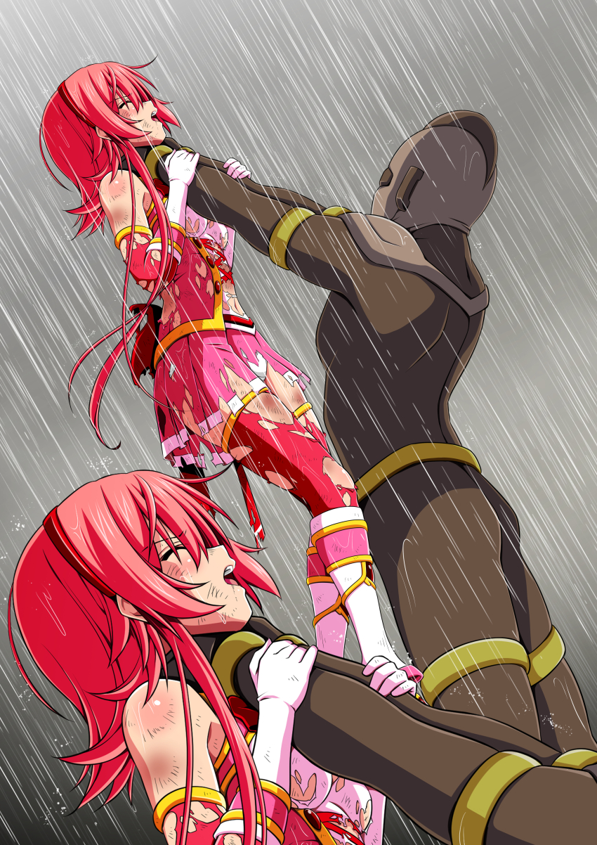 1boy 1girl absurdres abuse arms_up asphyxiation back_bow battle beaten blush body_blush bodysuit boots bow breasts brown_bodysuit brown_helmet bruise bruise_on_arm bruise_on_face bruise_on_leg bruise_on_stomach character_request closed_eyes clover_rose collared_dress detached_sleeves dirty dirty_clothes dress elbow_gloves feet_out_of_frame fighting from_side full_body gloves hairband hands_on_another&#039;s_arms hands_on_another&#039;s_neck hanging_legs height_difference helmet highres huge_bow immobilization injury knee_boots koeda0111 lace lace-trimmed_dress lace_trim lifting_person long_sidelocks magical_girl miniskirt multicolored_footwear multicolored_skirt multiple_views navel neck_lift open_mouth original outdoors pain panties pantyshot peril pink_boots pink_dress pink_gloves pink_hair pink_skirt pink_sleeves pink_thighhighs pleated_skirt profile rain red_bow red_hairband ryona scratches short_dress short_hair_with_long_locks skirt sleeveless sleeveless_dress slim_legs small_breasts storm strangling tall_male thighhighs torn torn_clothes torn_dress torn_skirt torn_thighhighs underwear utsugi_chisaki very_long_sidelocks violence wet yotsuba_no_senki_clover_rose zettai_ryouiki zoom_layer