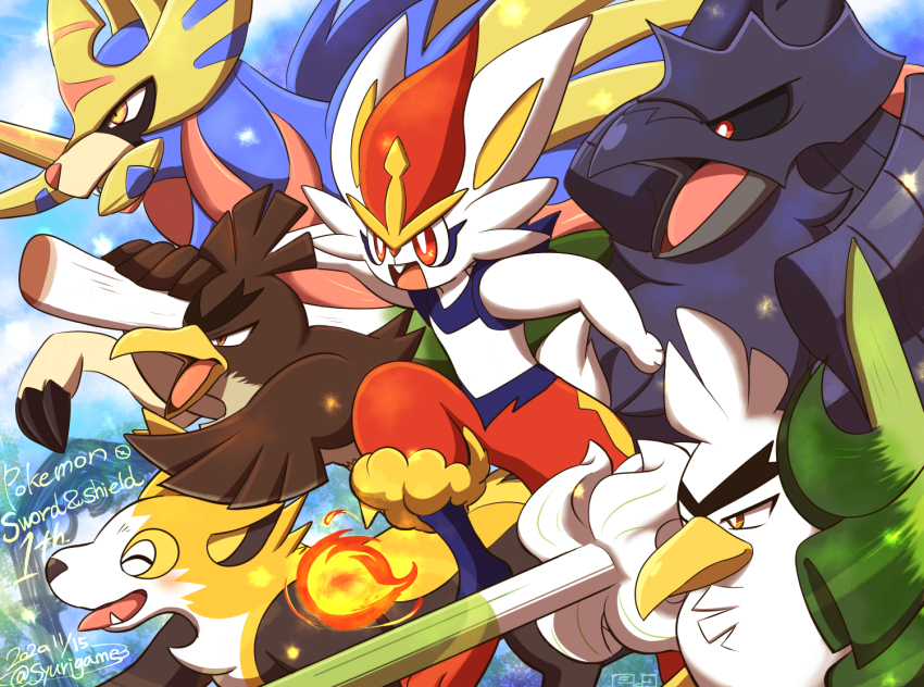 black_sclera blue_background boltund bright_pupils buck_teeth cinderace colored_sclera corviknight food galarian_farfetch&#039;d galarian_form gen_8_pokemon holding holding_food holding_vegetable legendary_pokemon looking_ahead mouth_hold nintendo no_humans one_eye_closed open_mouth outdoors pokemon pokemon_(creature) pokemon_swsh red_eyes shuri_(syurigame) sirfetch&#039;d teeth thick_eyebrows tongue tongue_out v-shaped_eyebrows vegetable white_pupils zacian