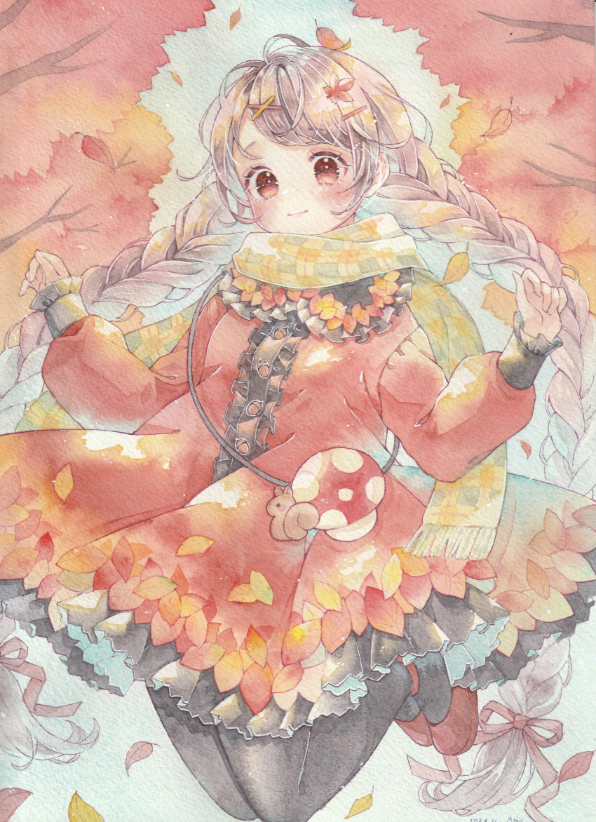1girl absurdres amu_(m_aa) autumn autumn_leaves bag black_pantyhose blush brown_hair buttons center_frills closed_mouth collared_dress commentary_request dated dress frills hair_ornament hairclip highres jumping leaf long_hair original outdoors painting_(medium) pantyhose petticoat plaid_clothes plaid_scarf red_dress red_eyes red_shoes scarf shoes shoulder_bag signature smile solo traditional_media very_long_hair w_arms watercolor_(medium) x_hair_ornament