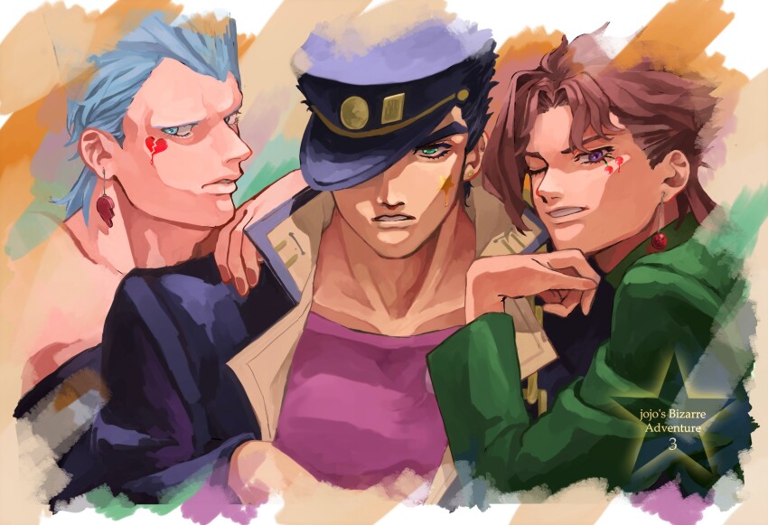 asymmetrical_bangs bare_shoulders black_hair black_jacket chain cherry_earrings colored_eyelashes copyright_name curtained_hair earrings english_text flattop food-themed_earrings food_themed_earrings gakuran green_eyes green_jacket grey_eyes grin hand_on_another&#039;s_shoulder hat highres jacket jean_pierre_polnareff jewelry jojo_no_kimyou_na_bouken kakyoin_noriaki kuujou_joutarou looking_at_viewer male_focus medium_hair multiple_boys one_eye_closed palmar_flexion pink_shirt purple_eyes red_hair school_uniform shirt short_hair smile stardust_crusaders togusa_jj
