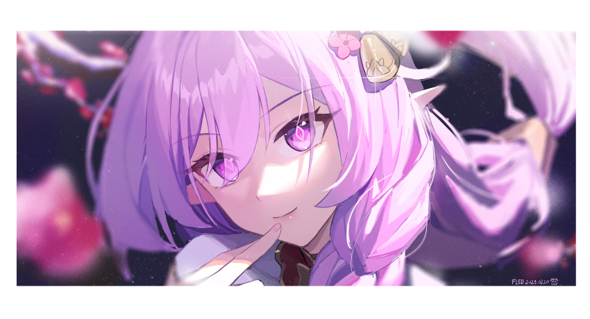 1girl absurdres artist_name bell blurry blurry_background elf elysia_(herrscher_of_human:_ego)_(honkai_impact) elysia_(honkai_impact) finger_to_mouth fled hair_bell hair_ornament highres honkai_(series) honkai_impact_3rd long_hair looking_at_viewer pink_eyes pink_hair pink_lips pink_nails pointy_ears smile solo