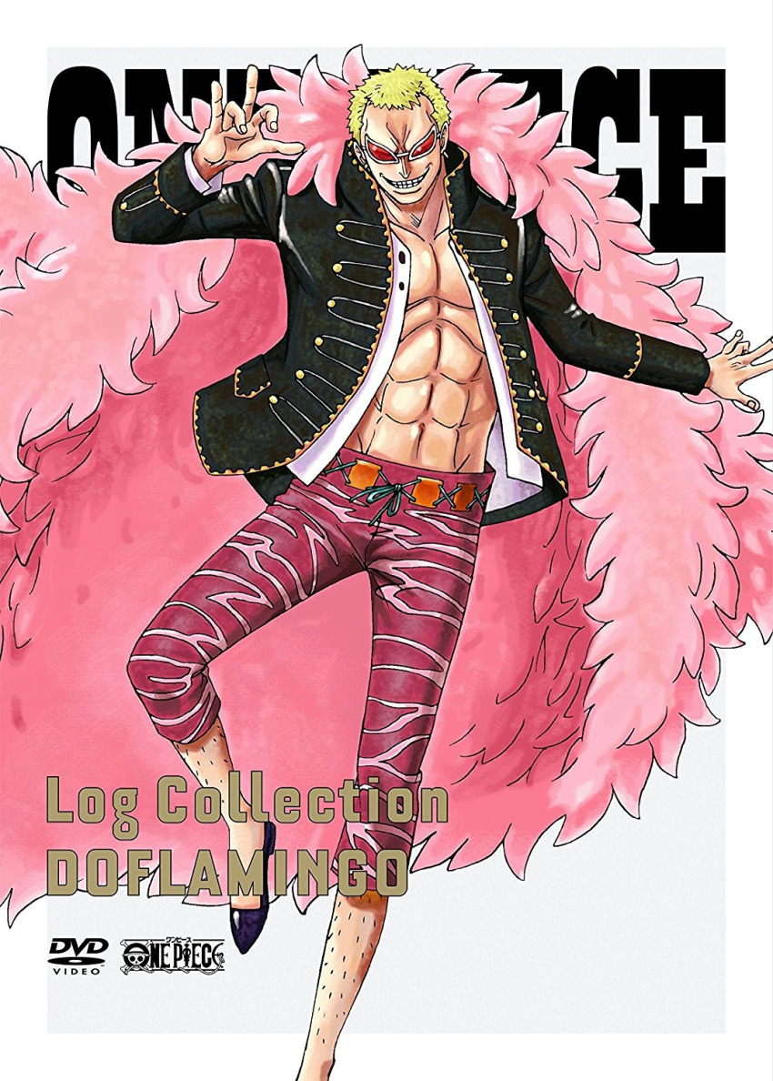 1boy abs blonde_hair capri_pants coat cover donquixote_doflamingo dvd_cover feather_coat grin looking_at_viewer muscular official_art one_piece open_clothes open_vest orange-tinted_eyewear pants pectorals pink_coat shirt short_hair simple_background smile sunglasses tinted_eyewear title toei_company vest white-framed_eyewear white_background